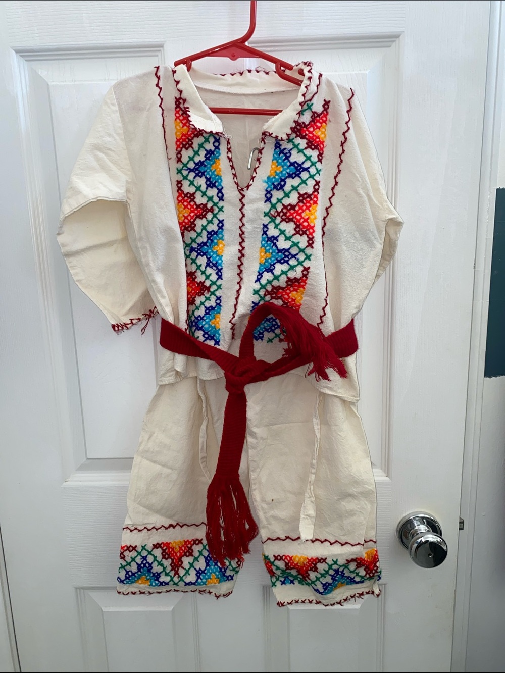 Hand-Embroidered Cream Mexican kids suit with Red Belt